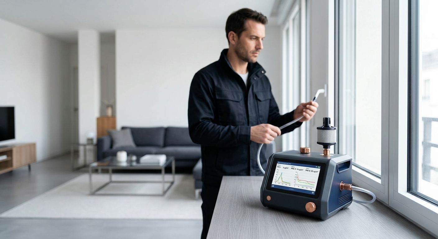Illustration IA : technicien tenant une sonde reliée à un appareil de mesure d’humidité dans un séjour