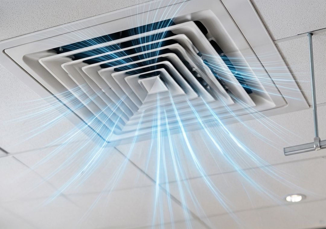 Illustration IA : diffuseur d’air au plafond avec des lignes de flux d’air bleues