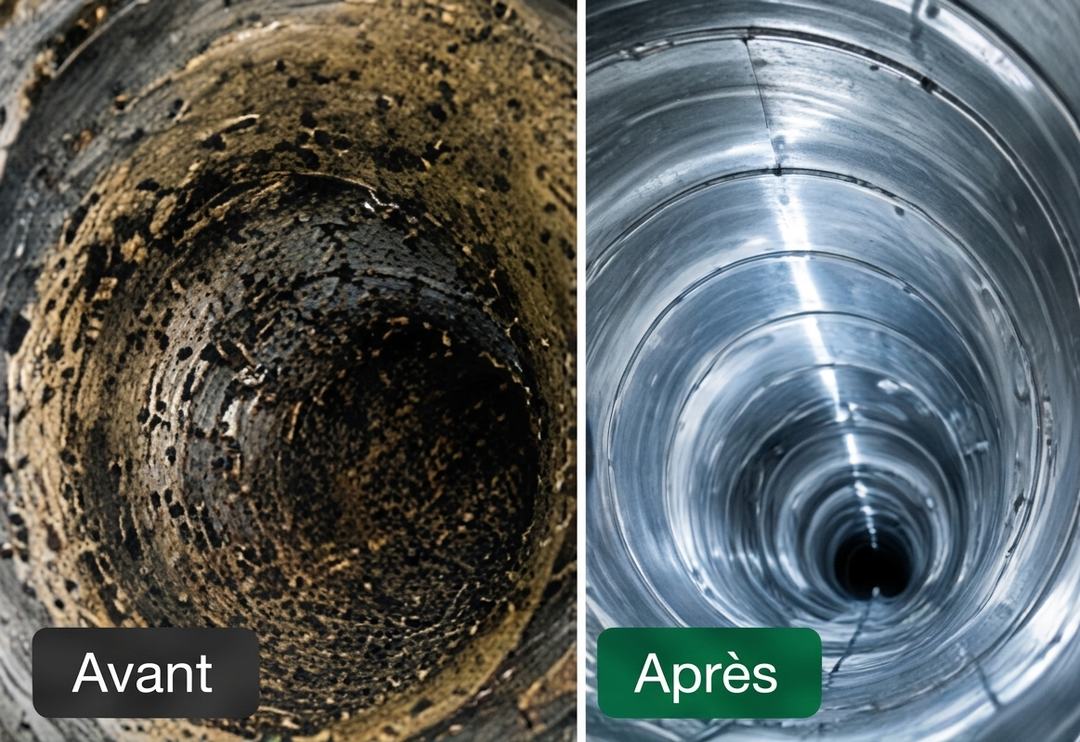 Illustration IA : deux vues d’un conduit de ventilation, l’une encrassée, l’autre propre