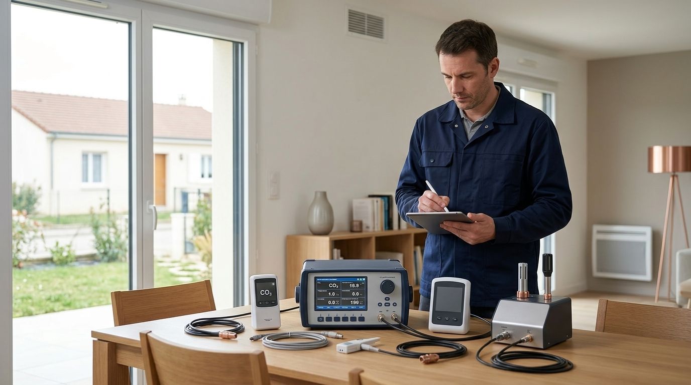 Illustration IA : technicien notant des mesures sur une tablette, avec plusieurs capteurs posés sur une table