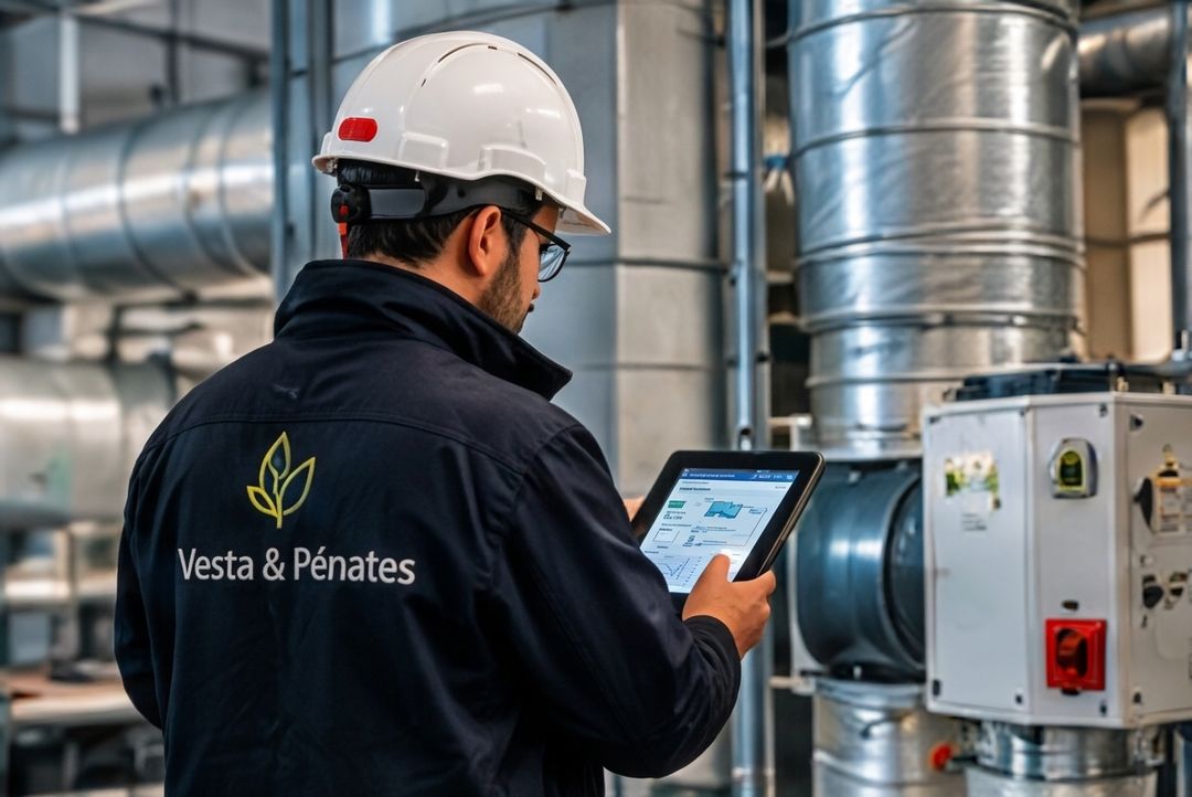 Illustration IA : technicien en casque consultant une tablette devant des gaines et un caisson de ventilation