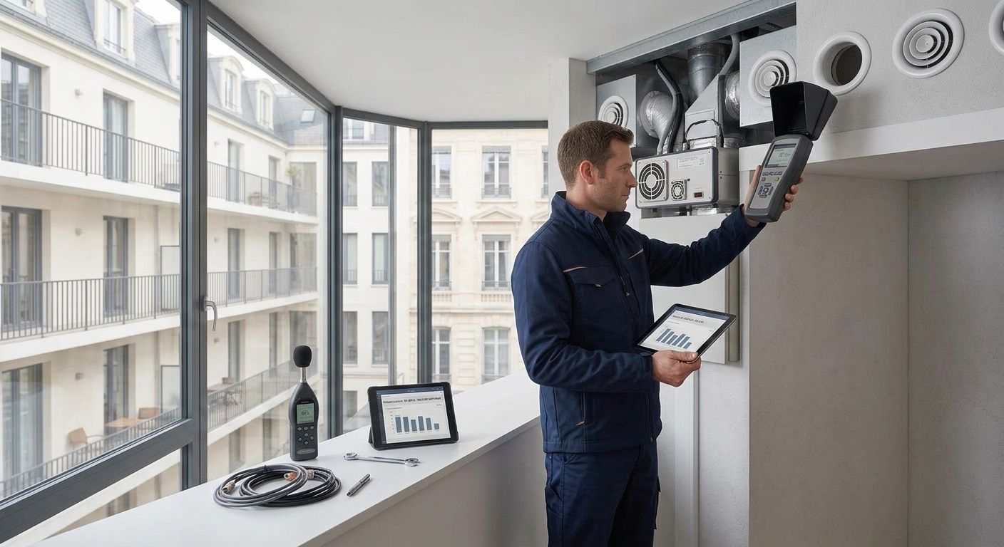 Illustration IA : technicien contrôlant une installation de ventilation face à la façade d’un immeuble collectif