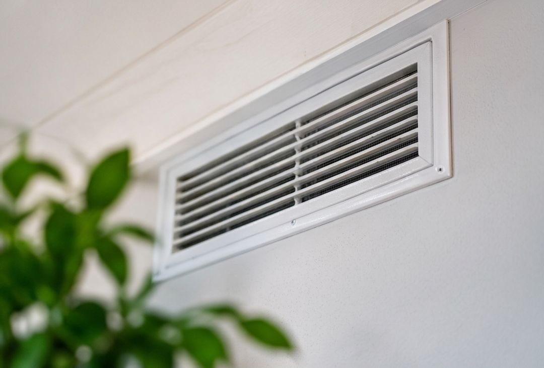 Illustration IA : grille d’entrée d’air fixée en haut d’un mur, avec une plante au premier plan