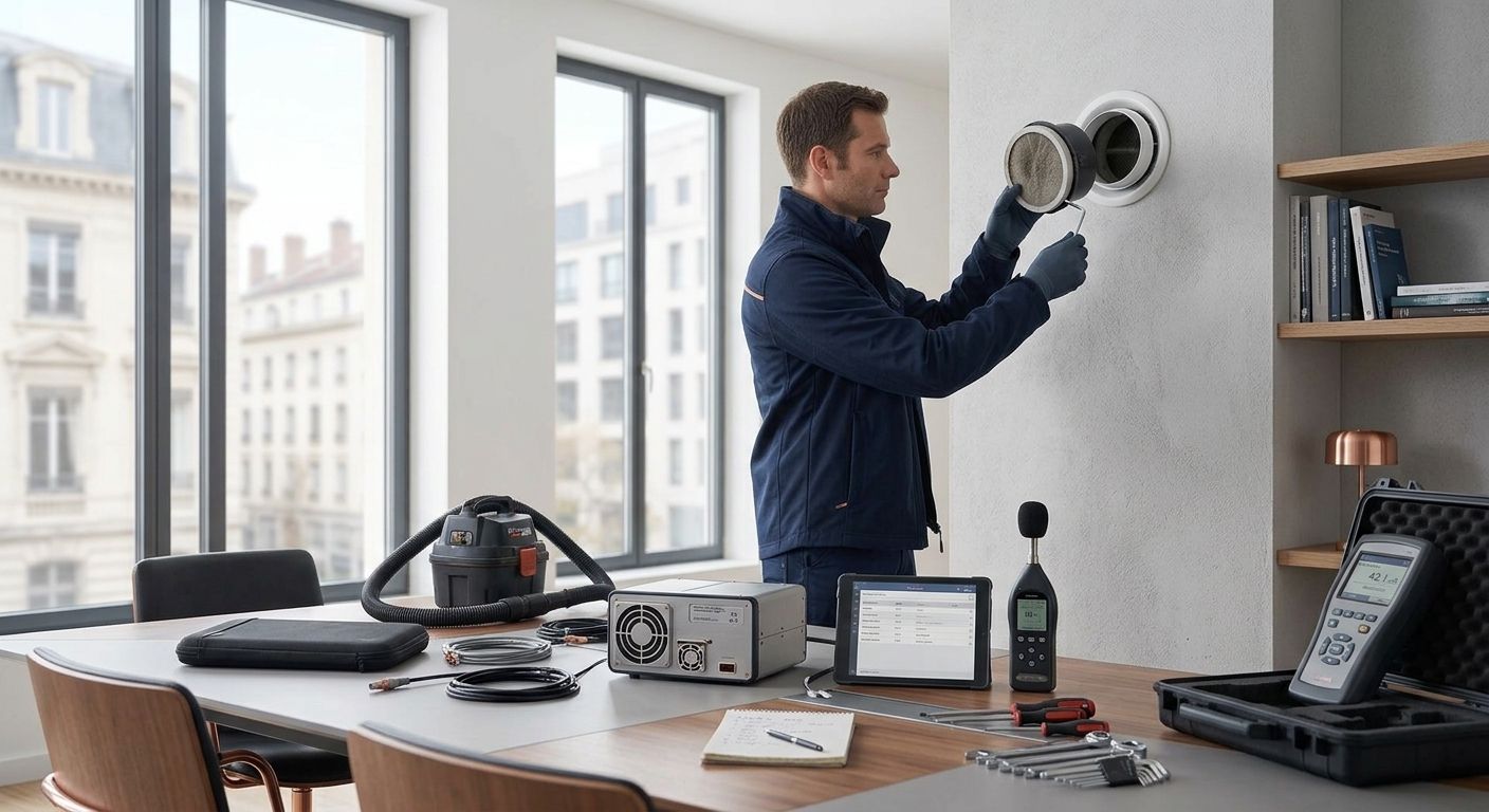 Illustration IA : technicien entretenant une bouche de ventilation, avec aspirateur et instruments posés sur une table