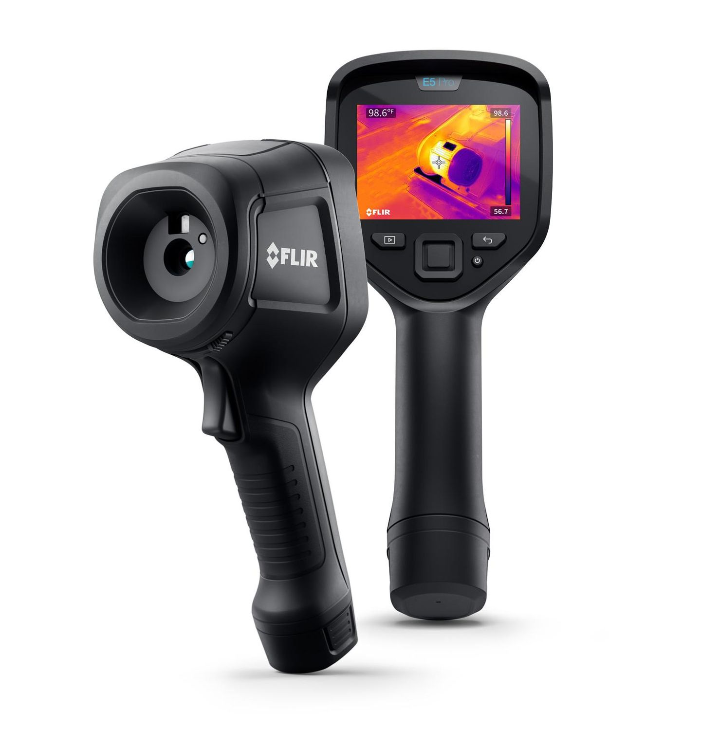 Caméra thermique FLIR E5 Pro, deux vues sur fond blanc