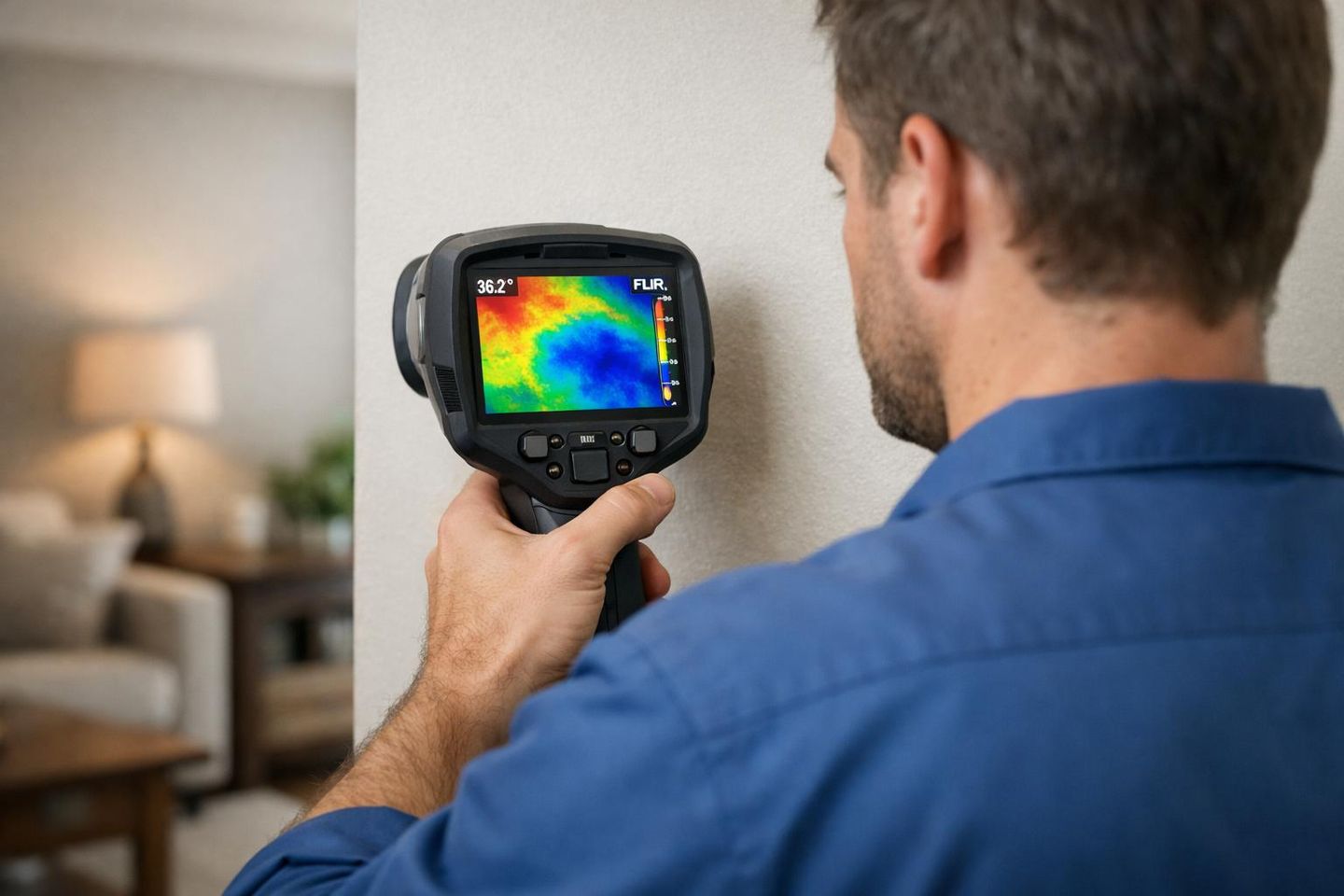 Homme dirigeant une caméra thermique FLIR E5 Pro vers un mur de séjour