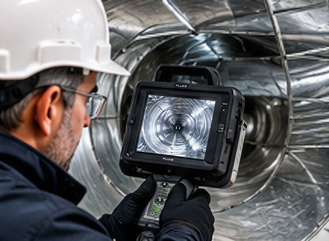 Illustration IA : technicien en casque regardant sur l’écran d’une caméra l’intérieur d’un conduit de ventilation