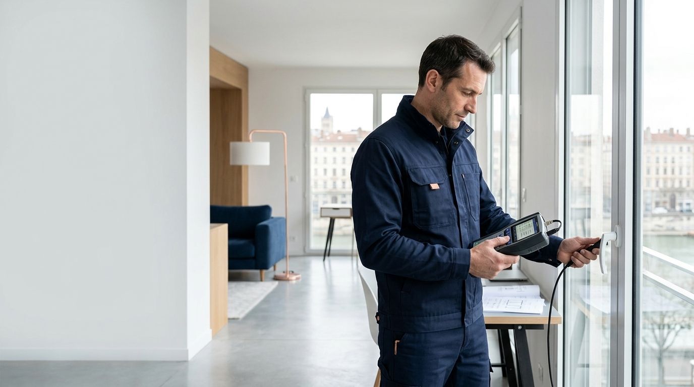 Illustration IA : technicien avec un appareil de mesure près d’une baie vitrée dans un appartement