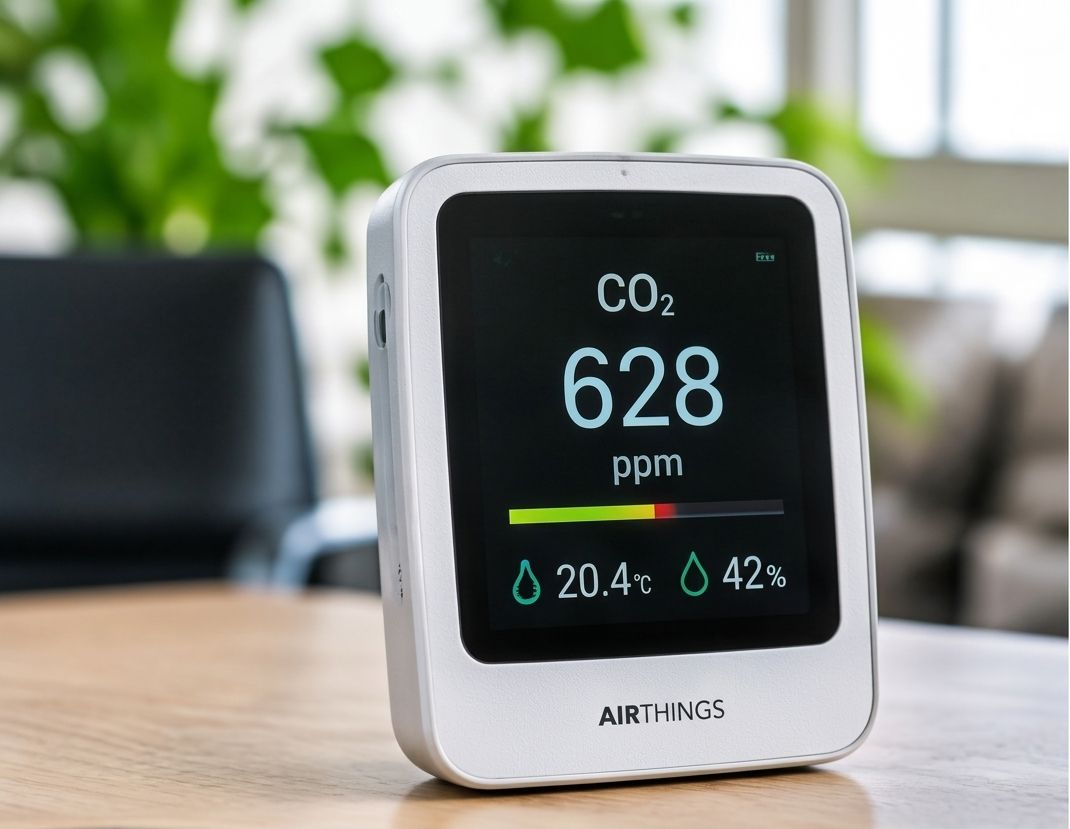 Illustration IA : capteur de CO₂ posé sur un bureau, affichant une valeur en ppm