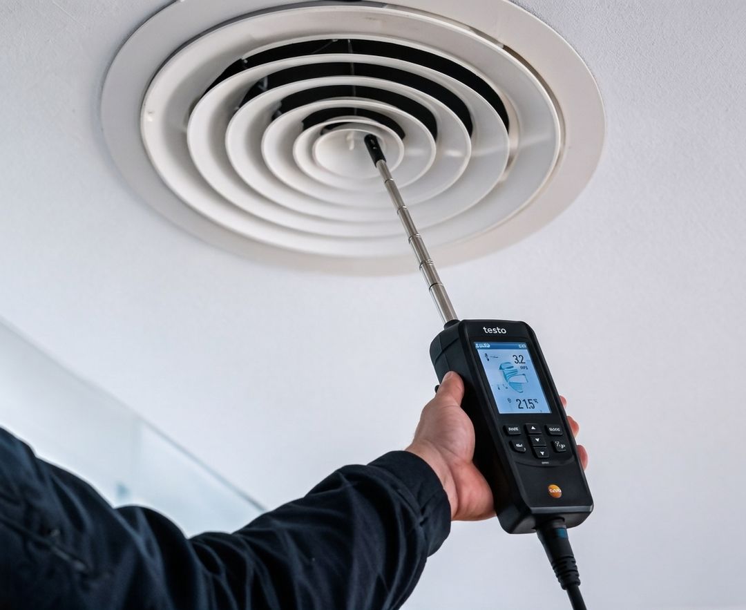 Illustration IA : sonde de mesure tenue devant une bouche de ventilation au plafond