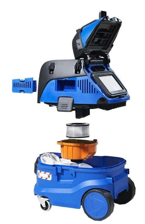 Aspirateur Nilfisk ATTIX 33 H ouvert, avec le filtre sorti de la cuve
