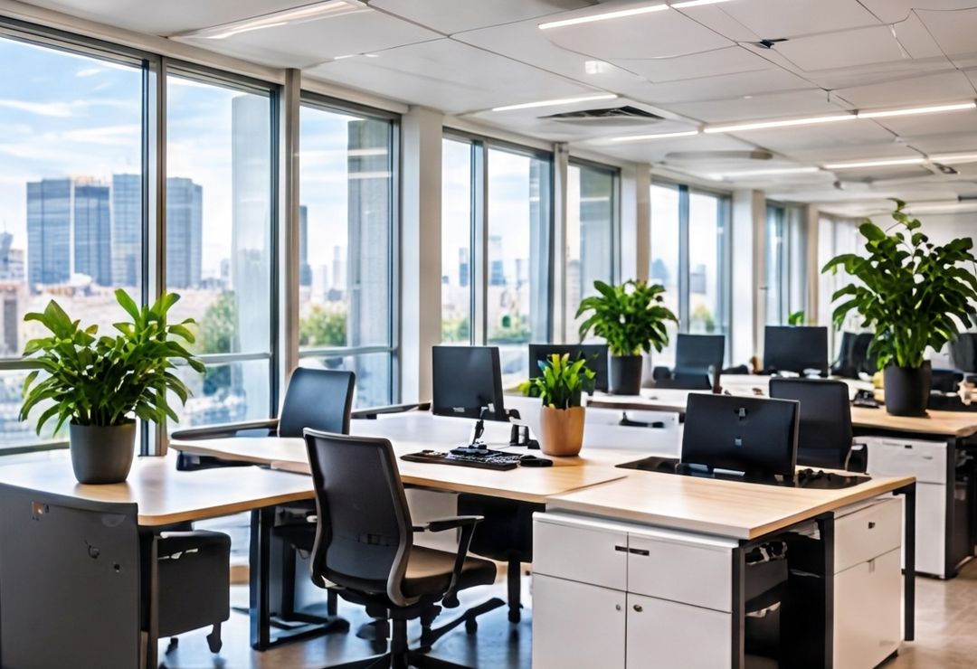 Illustration IA : open space lumineux avec bureaux, écrans et plantes, et vue sur une ville