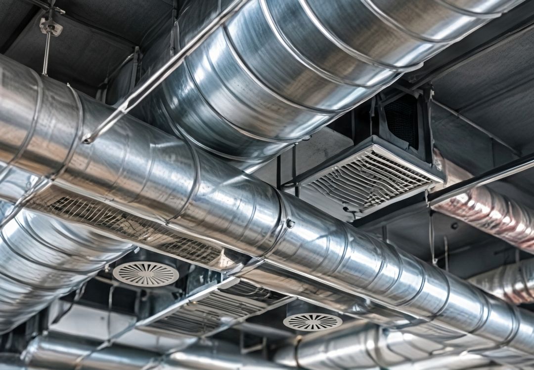 Illustration IA : gaines de ventilation et diffuseurs au plafond d’un bâtiment tertiaire