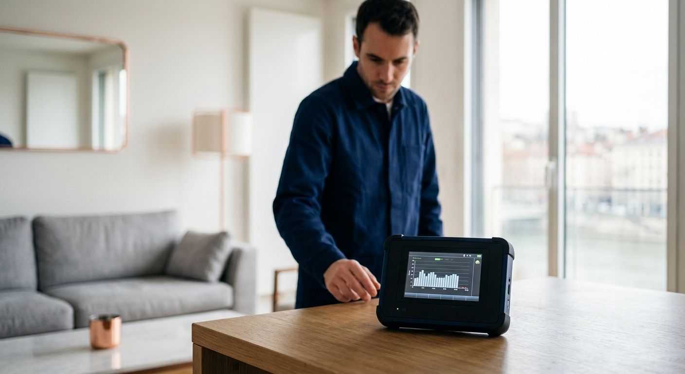 Illustration IA : technicien mesurant la qualité de l’air d’un séjour avec un appareil posé sur une table