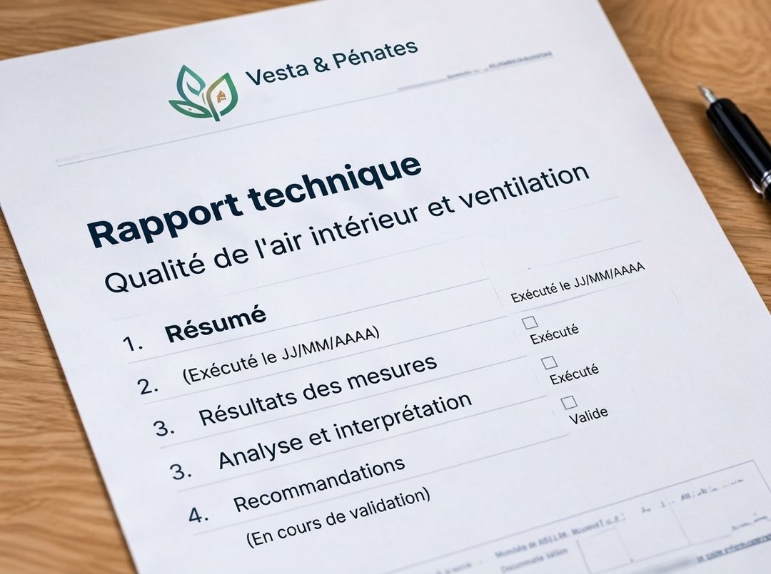 Illustration IA : feuille de rapport technique sur la qualité de l’air intérieur posée sur un bureau, avec un stylo