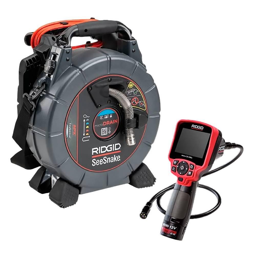 Caméra d’inspection Ridgid SeeSnake microDrain sur son enrouleur, avec son écran portable
