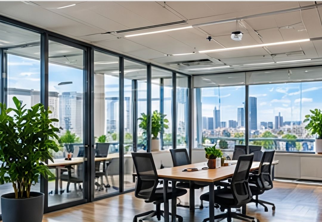 Illustration IA : salle de réunion vitrée avec table et chaises dans un immeuble de bureaux
