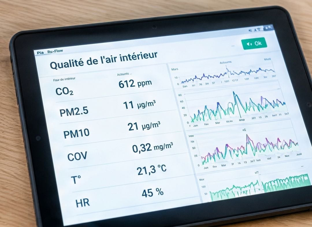 Illustration IA : tablette affichant un tableau de bord de la qualité de l’air avec CO₂, particules, COV et humidité