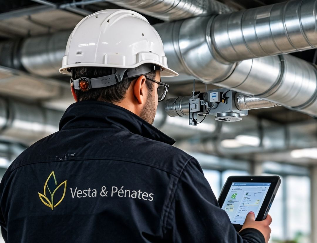 Illustration IA : technicien en casque consultant une tablette devant un réseau de gaines de ventilation